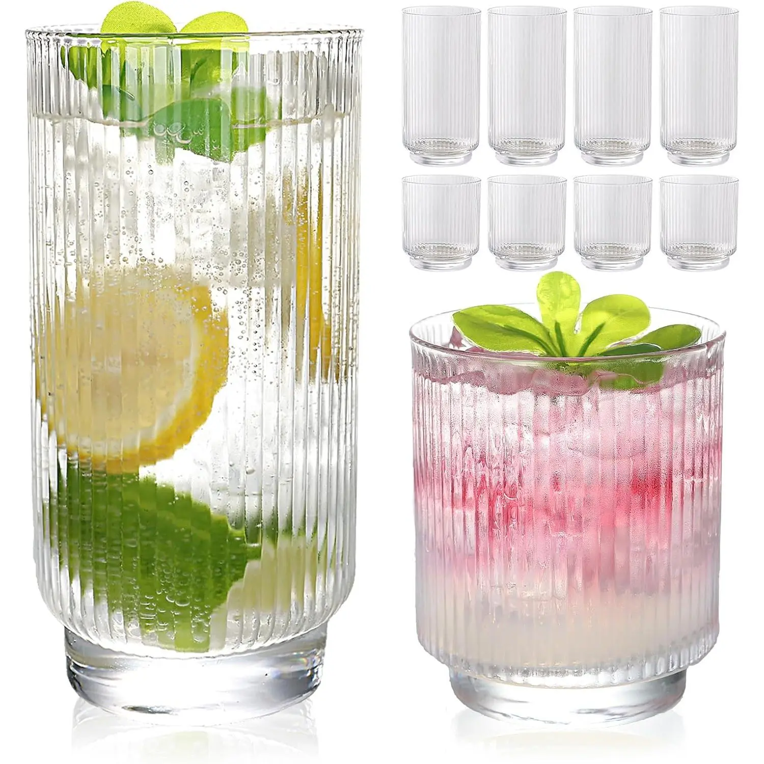 Set of 8 Ribbed Glass Cups with Crystal Base,4 Highball Glasses 18oz & 4 Rocks Drinking Glasses 9oz, Art Deco, for Water, Iced coffee, Cocktail, Juice, Whiskey, Wine, Gift