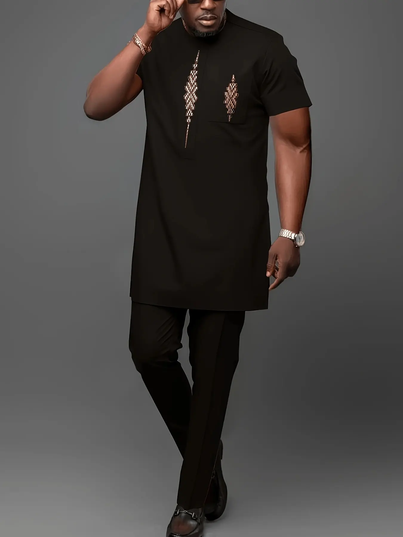 Muslim Islamic Men's 2-Piece Set, African Boubou Short Sleeve Embroidered Ethnic Suit, Elegant Formal Wear for Festivals, Weddings, Gifts, Outfits