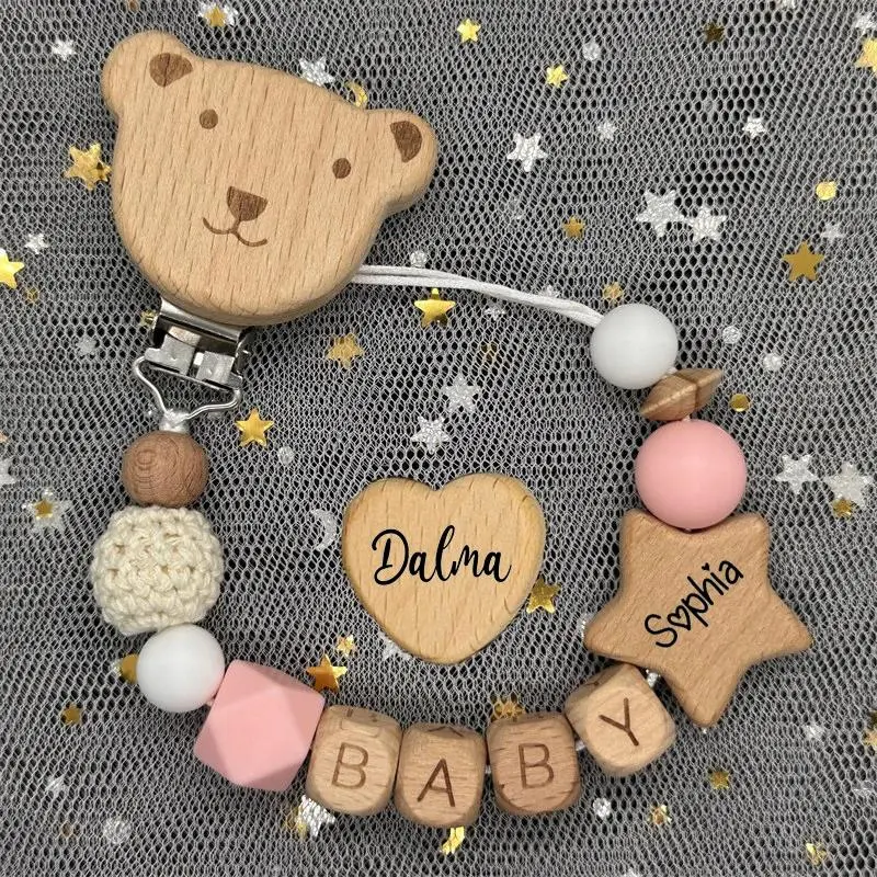 Unisex Engraved Name Beech Beads Dummy Holder - Personalized Wooden Pacifier Chain, Teether Pendant, Newborn Gift for Mothers (Home & Festive Party Supplies), Personalized Chain