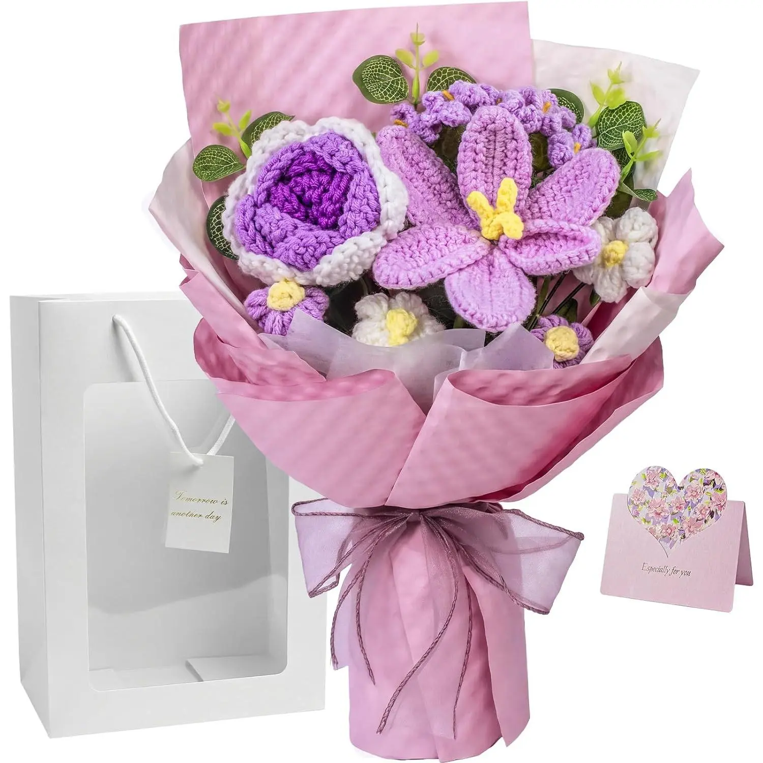 Crochet Flower Bouquet, Purple Handmade Knitted Flowers with Lily and Rose, Crochet Bouquet for Mom Her Women, Long Lasting Birthday Teacher with Card