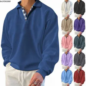 2026 Men's Plaid Contrast Placket Johnny Collar Long-Sleeve Polo Shirt - Loose Fit, Soft Casual Pullover Menswear for Fall Winter, Office & Outdoor Use, XXL/4XL/5XL, None, Classic Versatile Tops