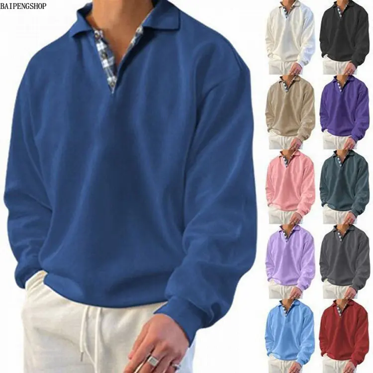 Men's Casual Long-Sleeve Cotton Polo Shirt, Loose-Fit Pullover with Johnny Collar & Plaid Contrast Placket, Menswear, Solid Color Tops, Sizes XL-XXL, Street Wear
