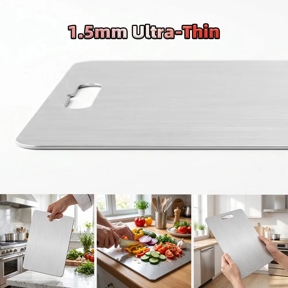 1.5mm 304 Stainless Steel Cutting Board, Non-Porous Antibacterial Metal Chopping Board, Easy to Clean & Dishwasher Safe, Durable Hygiene Kitchen Board, Mould-Proof & Odor-Free for Meat, Vegetables and Fruits