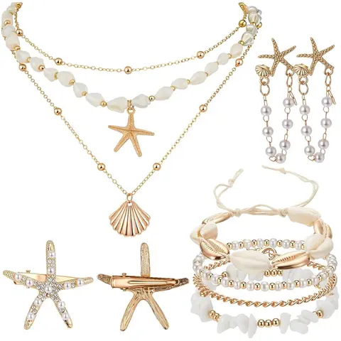 Women's Boho Ocean Beach Matching Jewelry Set, Starfish Seashell Adjustable Necklace, Hair Clip and Bracelets, Gold-Tone Stainless Steel, for Summer Beach Vacation and Daily Wear