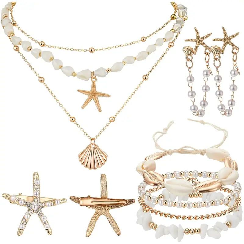 Women's Boho Ocean Beach Matching Jewelry Set, Starfish Seashell Adjustable Necklace, Hair Clip and Bracelets, Gold-Tone Stainless Steel, for Summer Beach Vacation and Daily Wear