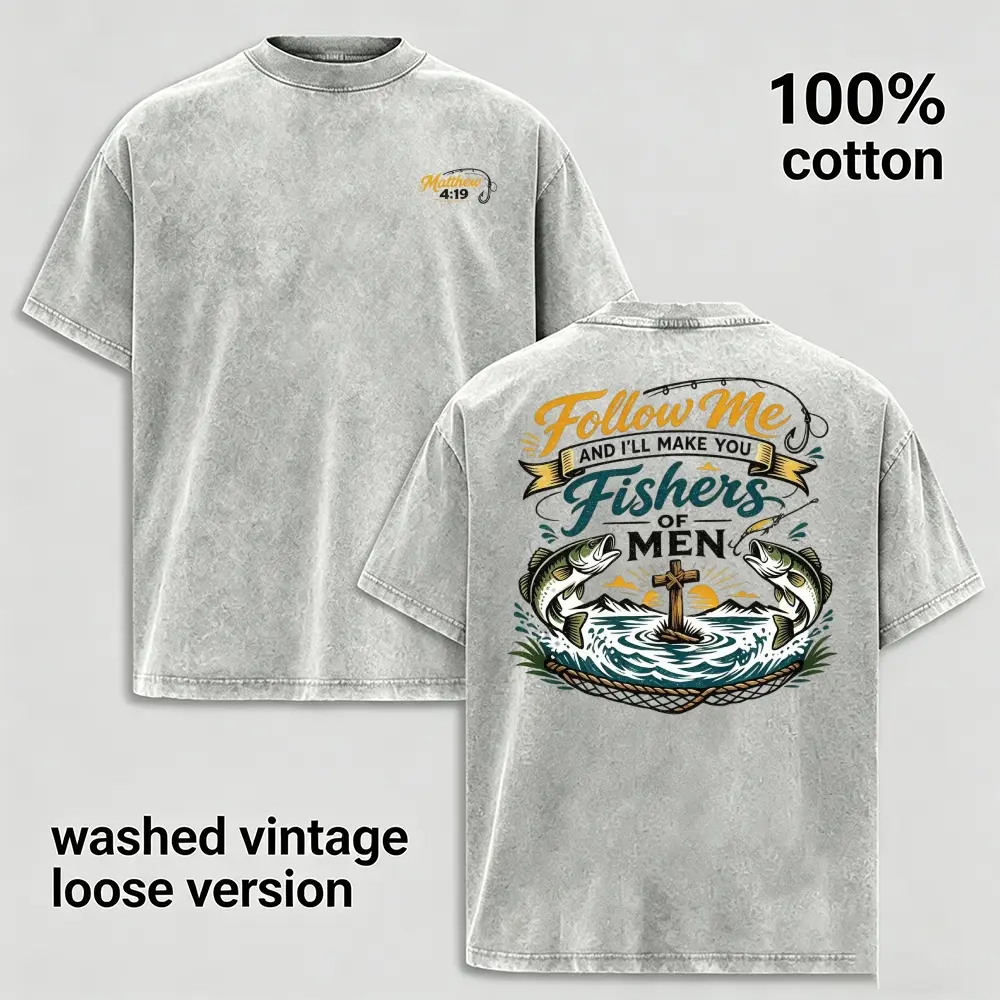 Men's 100% Cotton Oversized Loose Fit Round Neck Shortsleeve T-Shirt - Christian Theme, Matthew 4:19 Fishers Of Men Front Back Graphic Print, Unisex All Season Faith Outdoor Menswear Tops