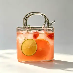 Handbag Shaped Glass Cocktail Cup With Handle & Straw, Novelty Purse Shape Wine Juice Glass, Aesthetic Home Decor Vase for Picnic Afternoon Tea Flower Arrangement