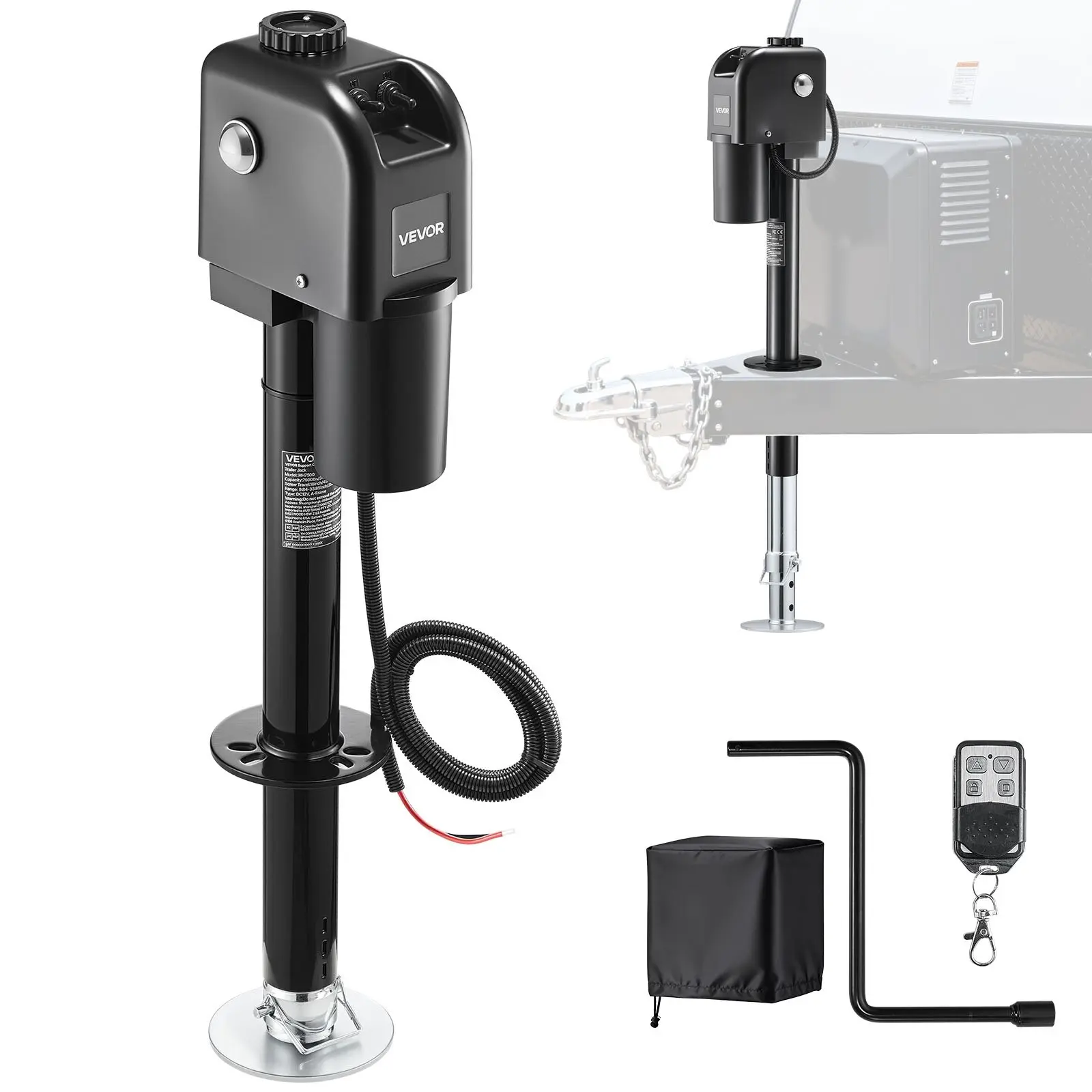 VEVOR Electric Trailer Jack, 7500 lbs Capacity, Electric Power Tongue Jack with Waterproof Protective Cover LED Light for Travel Trailer, Camper, RV, 9.84-27.84 in Lift, 12V DC with Wiring, Black