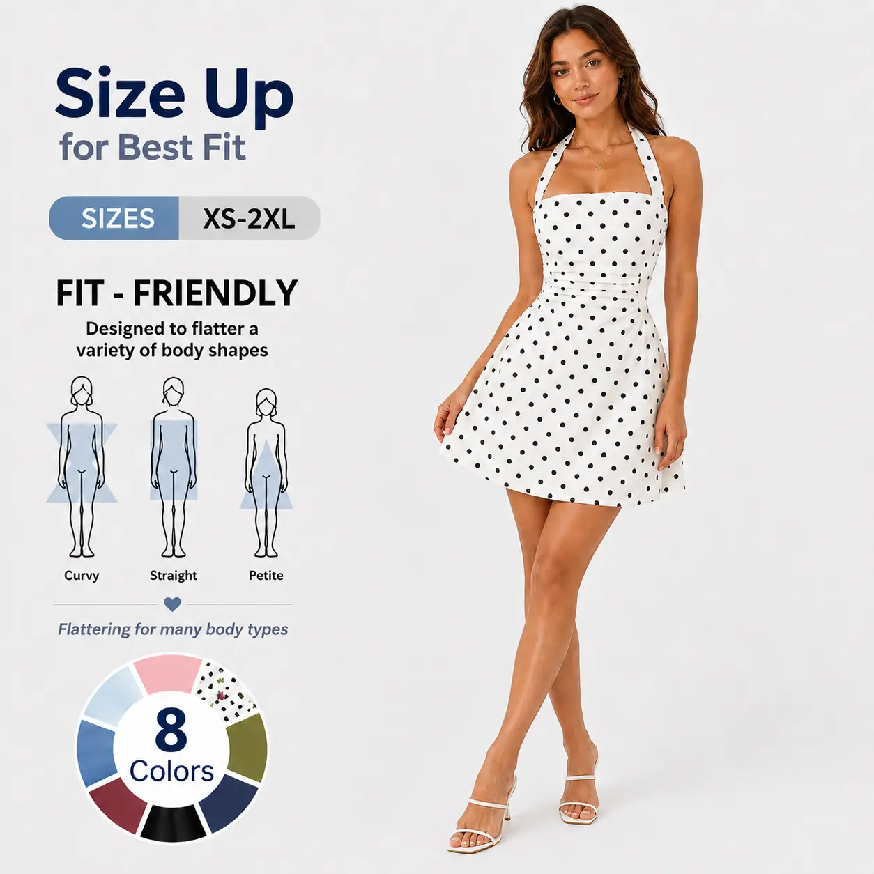 Women's Polka Dot Halter Dress, Ruched Tie Back Sleeveless A-Line Summer Sundress for Vacation, Beach, Party & Going Out