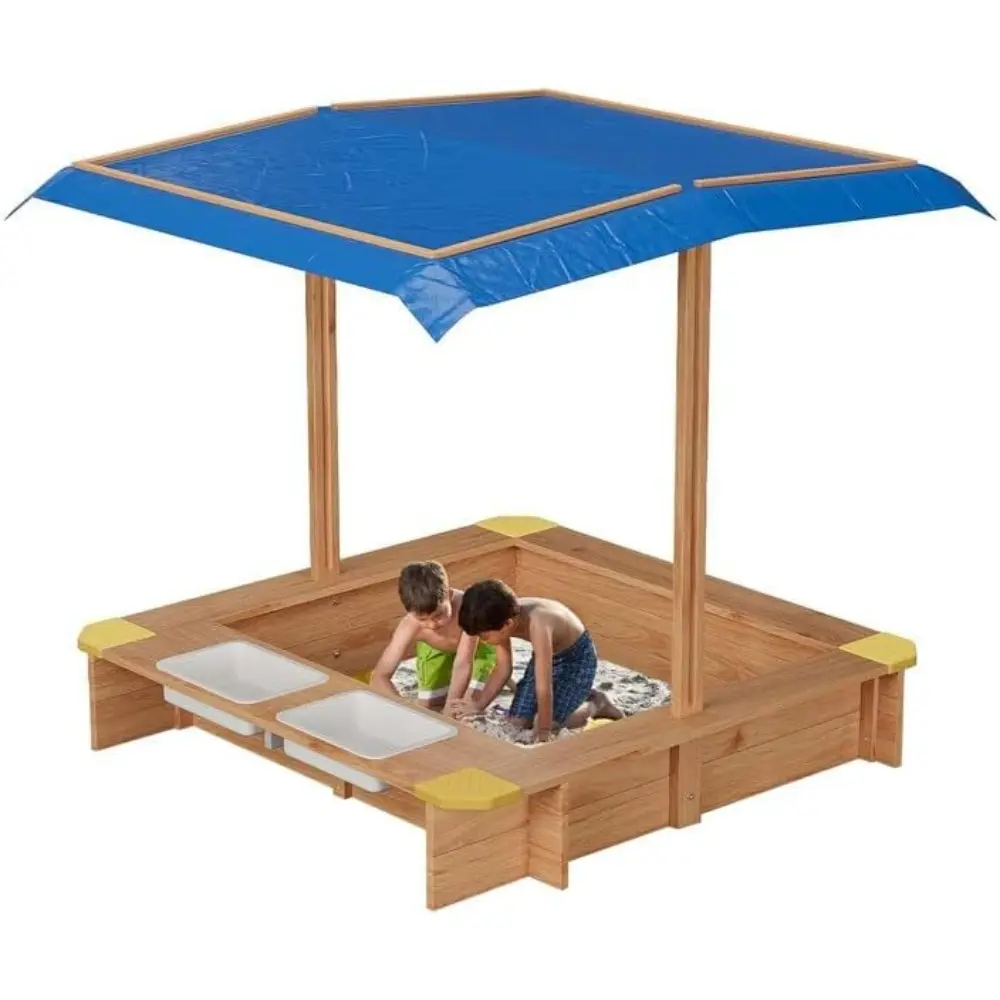 Wooden Sandbox with Cover/Lid & Retractable Canopy, 2 Side Buckets & Drainage Liner – Weather-Resistant Outdoor Sand Box for Kids/Toddler/Childrens, Sand Pit for Beach/Backyard/Patio Outdoor Play Party Gifts