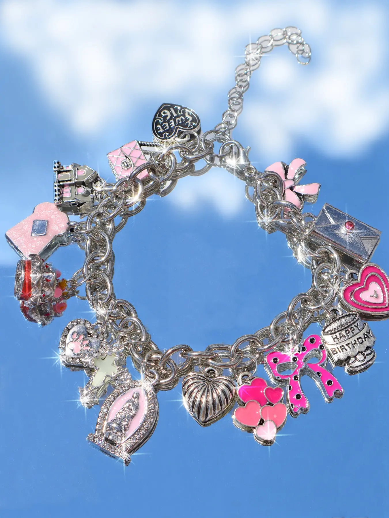 Dot Butterfly Heart Charm Bracelet, Leopard Print Star Bracelet, Religious Madonna Cross Button Bracelet, Unique Jewelry Gift