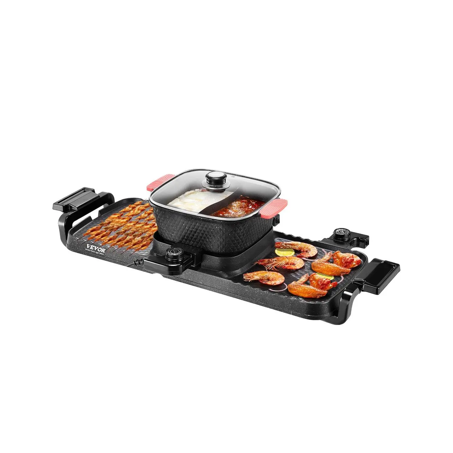 VEVOR 2-in-1 Cast Aluminum Electric Smokeless Hot Pot with Grill, 2300W Power, 3.25L Removable Non-stick Shabu-shabu Pot, Dual Temp Ctrl, Separate Temperature Control, Indoor Korean BBQ for Group Meals (1-6 People)