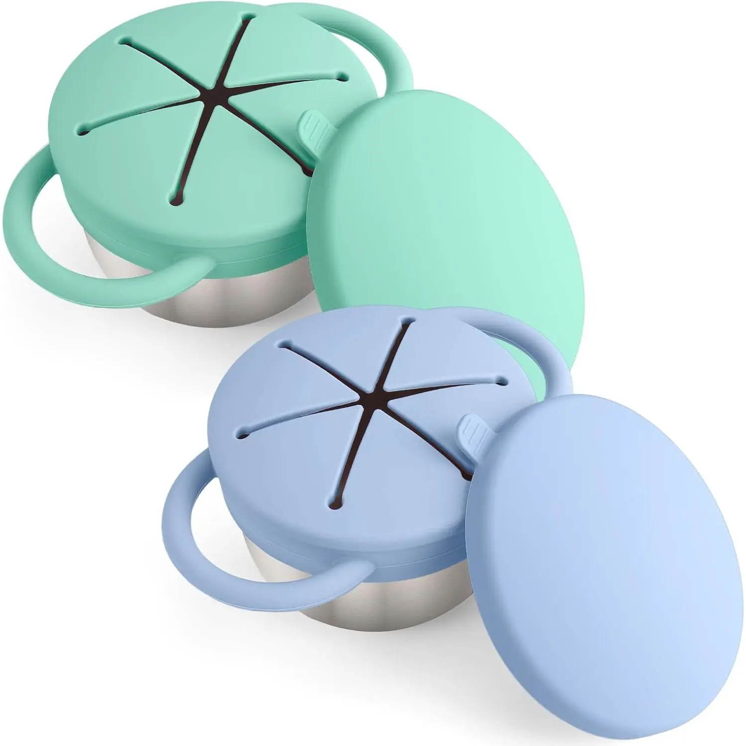 Stainless Steel Snack Containers  Toddlers with Spill-Proof Silicone Lids Handles - 3-in-1 Baby Snack Cups, No-Spill Toddler Snack Box (Blue+Green, Two piece set) dinnerware