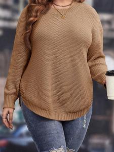 【plus size】 solid color drop shoulder sweater, chic casual long sleeve round neck jumper knitwear for fall & winter, women's plus clothing for daily wear, sweaters for women