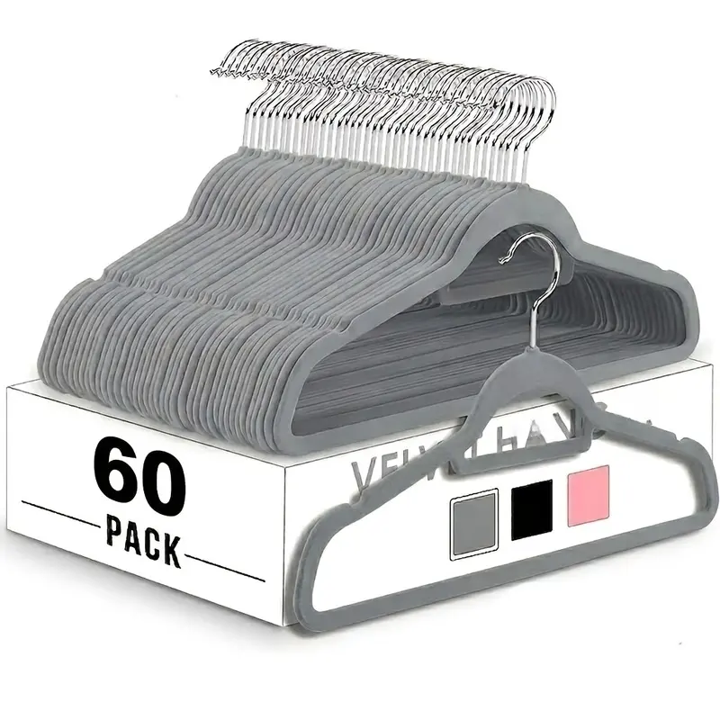 60-Pack Gray Velvet Slim Profile Clothing Hangers, Non-Slip No-Mark Plastic Organiser for Hanging Shirts, Suits, Jackets, Sweaters, Bedroom Closet & Home Organization Solutions