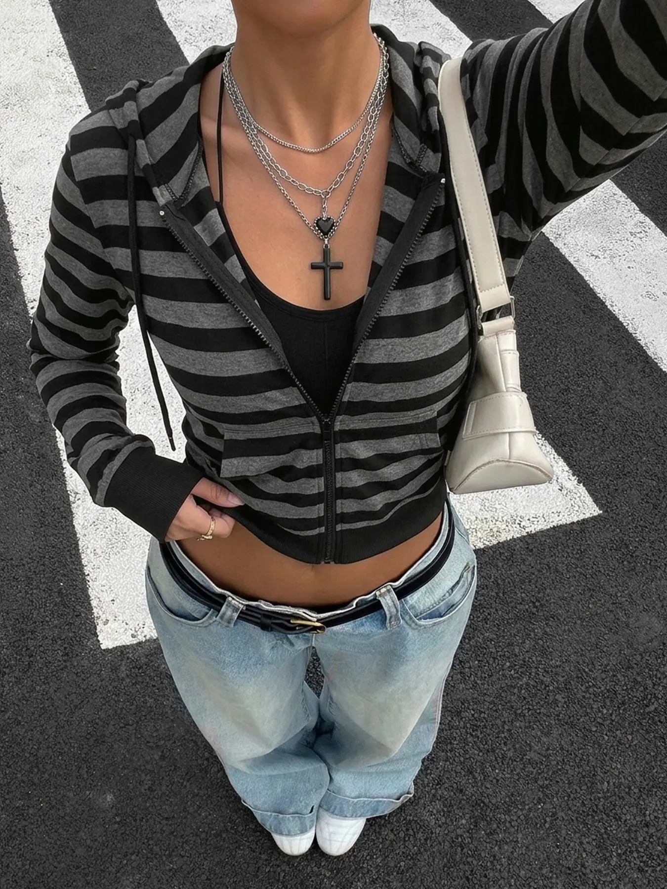 1 Piece Women Striped Horizontal Stripe Zip Up Hooded Cropped Jacket, Drawstring Hood Front Pocket Relaxed Casual Outer Coat