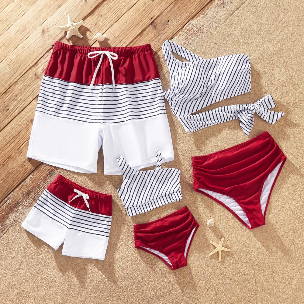 PatPat Family Matching Swimsuits Red Striped One-Shoulder Bikini or Colorblock Swim Trunks Matching Beachwear Outfits for Summer, Cruise, Vacation