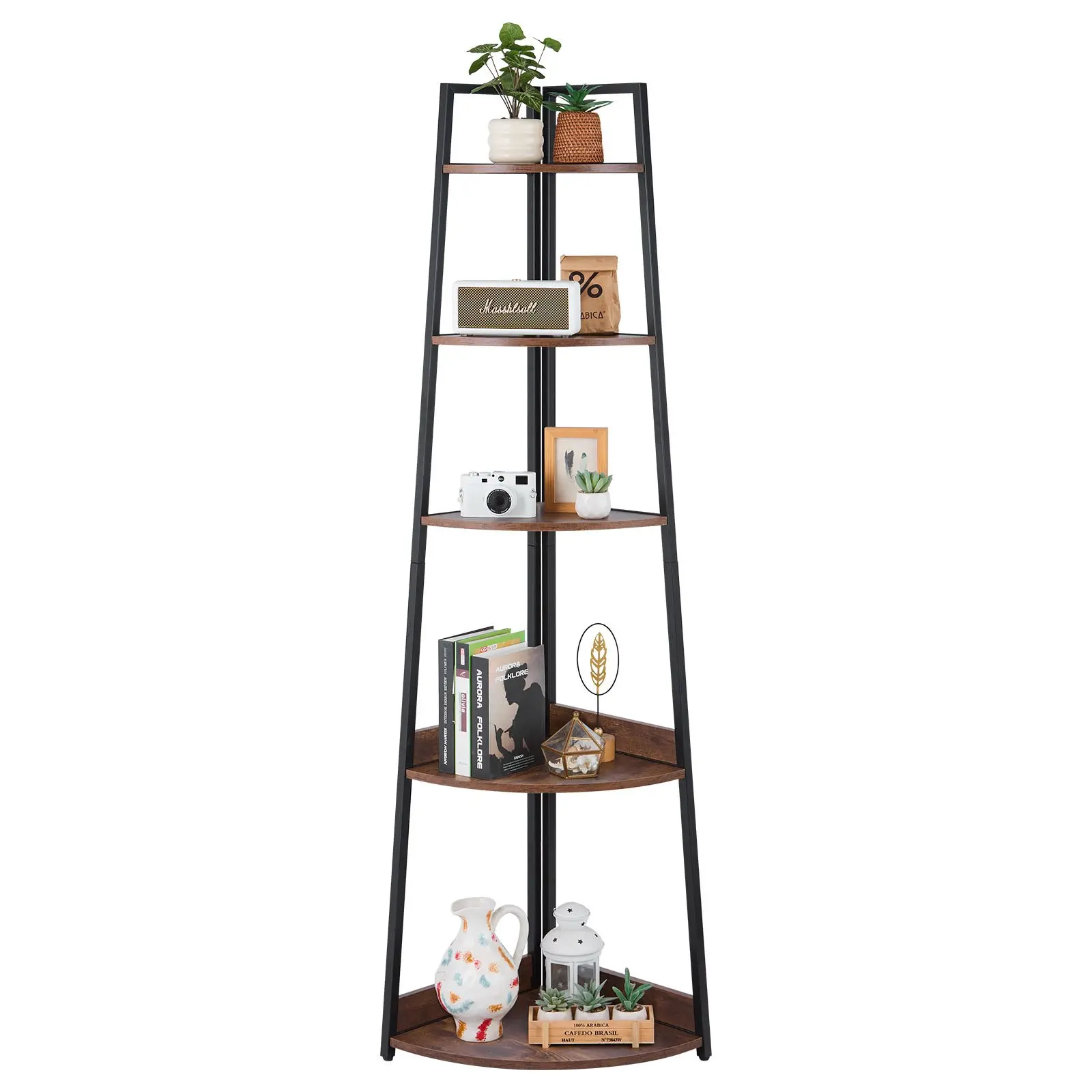 toolupgrade VEVOR Sturdy Rustic Freestanding 5-Layer 70" Tall Indoor Corner Ladder Shelf, Metal Frame with Wooden Shelves, for Living Room, Bedroom, Office