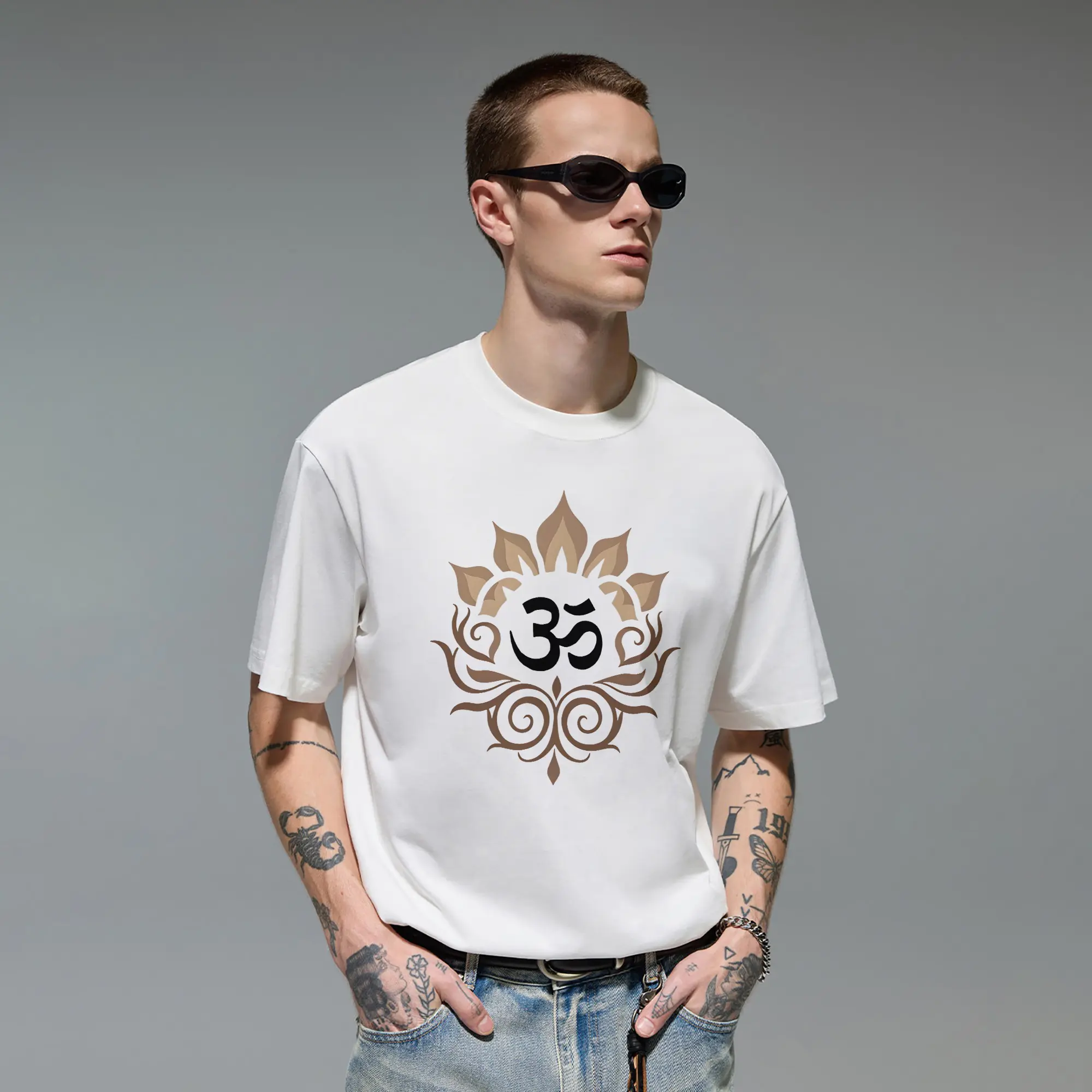 Spiritual Om Symbol Lotus Flower Mandala Art Original Oversized Cotton Graphic Tee T-Shirt for Men Gift Cutting Ideas Women Teen Girls Yoga Meditation Mindfulness Boho Aesthetic Casual Everyday Wear Urban Streetwear Trendy Apparel Top