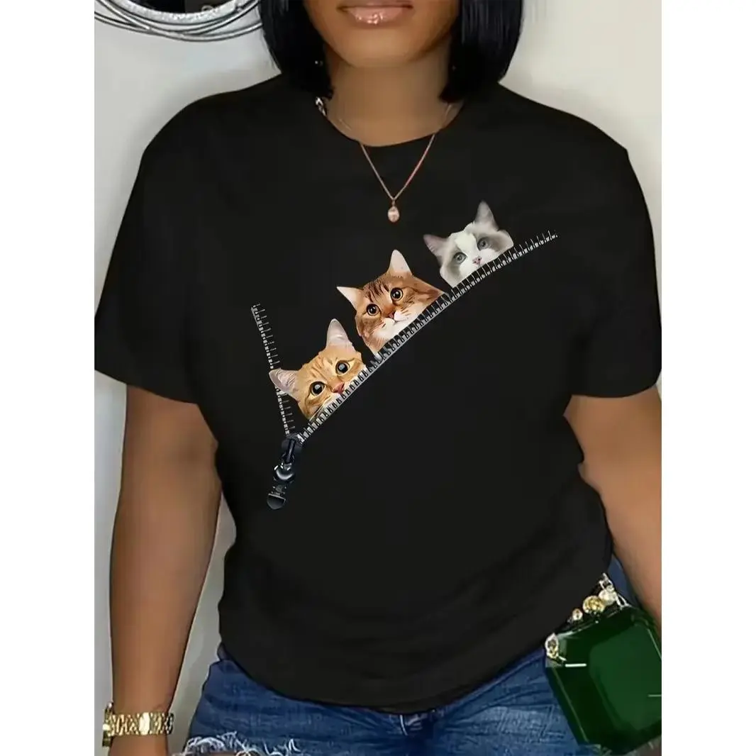 Unisex 3 Cats Cartoon Graphic Zipper Peeking Sports Top, Cute Cat Lover Casual Tee, Printed Breathable Soft Relaxed Summer Outdoor Women's Clothing