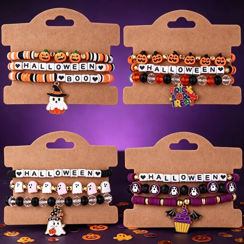 12pcs (4-Set) Halloween Themed Polymer Clay Beaded Bracelets for Women, Unisex Style with Pumpkin & Cupcake Shapes, Ideal for Halloween Cosplay, Casual Wear