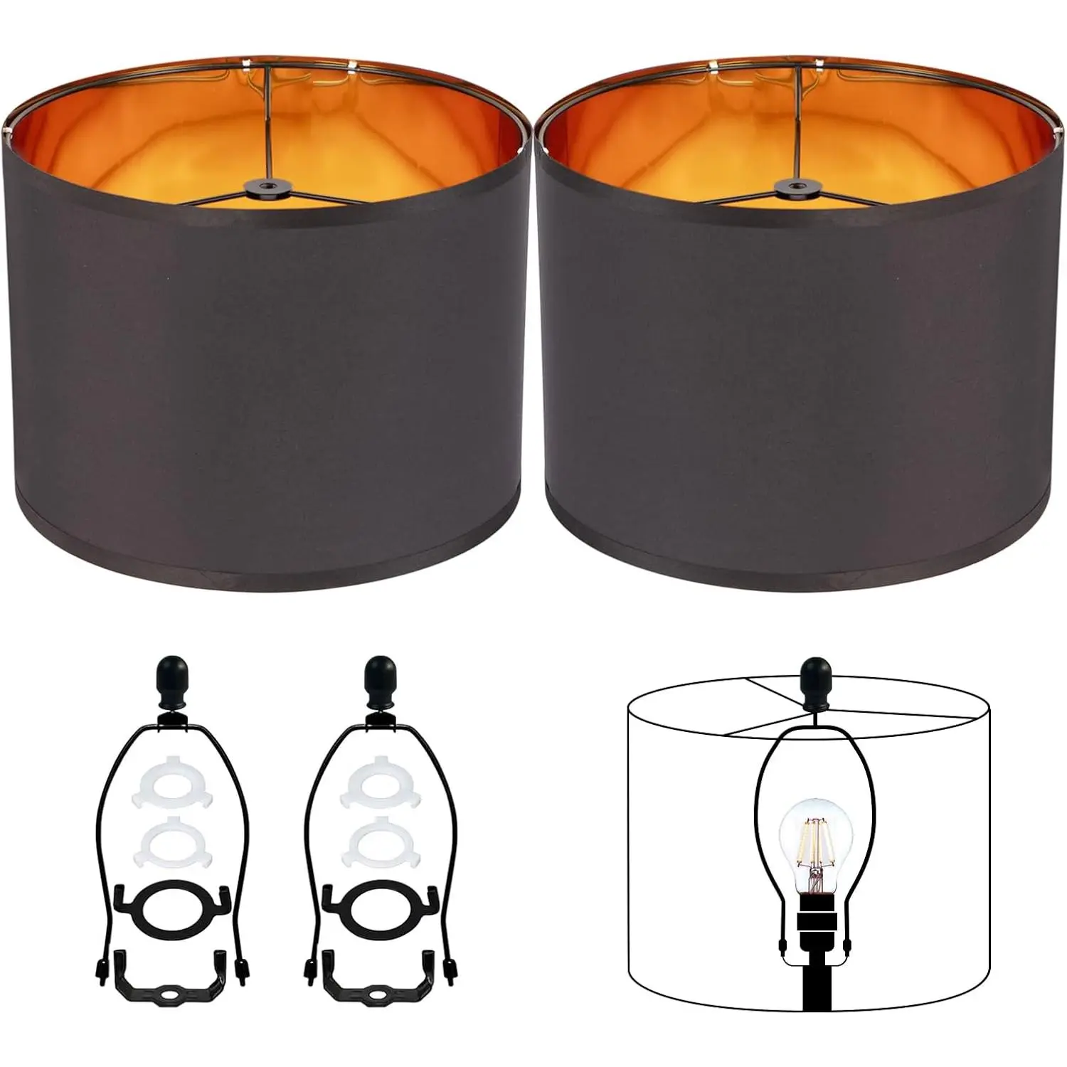 Set of 2, 12-Inch Modern Farmhouse Drum Lamp Shades, Black Fabric with Gold Lining for Table & Floor Lamps, DIY Assembly, Harps Included, Medieval, Minimalist, Handmade