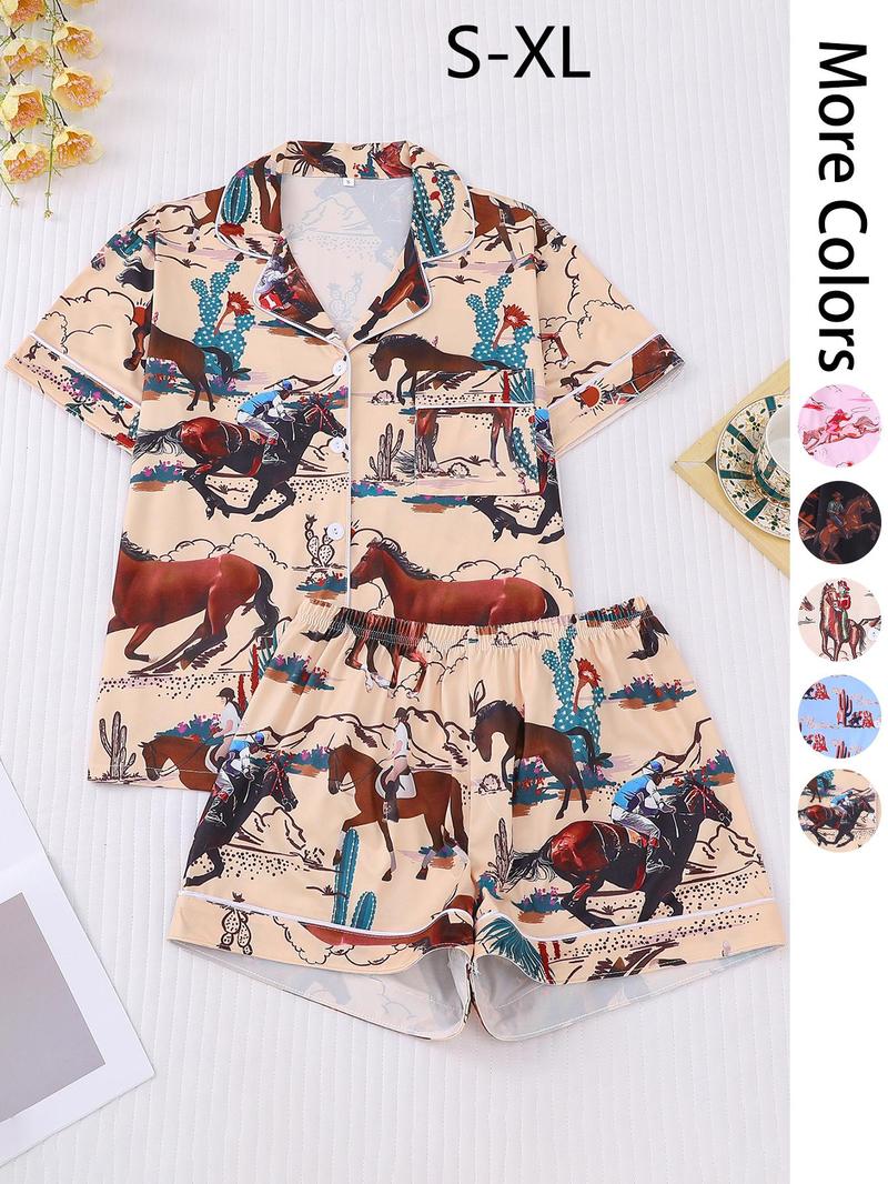 Women's All Over Cowboy Print Lapel Shirt & Shorts Pajama Two-piece Set, Casual Comfy Short Sleeve Top & Shorts PJ Set, Ladies Summer Sleepwear