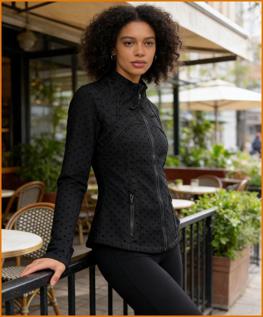 Vibe Outdoor Women's Stylish Black Polka Dot 2-Piece Active Set  Stand Collar Zip Jacket & High Waist Leggings for Yoga, Gym & Daily Wear