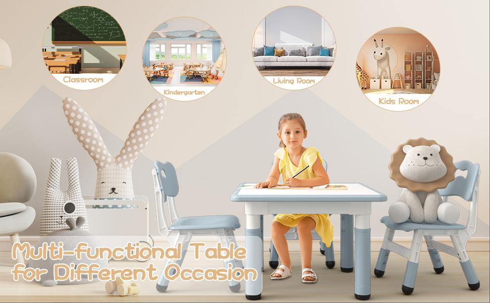 Garvee Adjustable Toddler Table and 2 Chairs Set with Graffiti Desktop, Non-Slip Design, Suitable for Home, Daycare, Preschool, Nursery, Ideal for Ages 2-8, Available in Beige and Blue