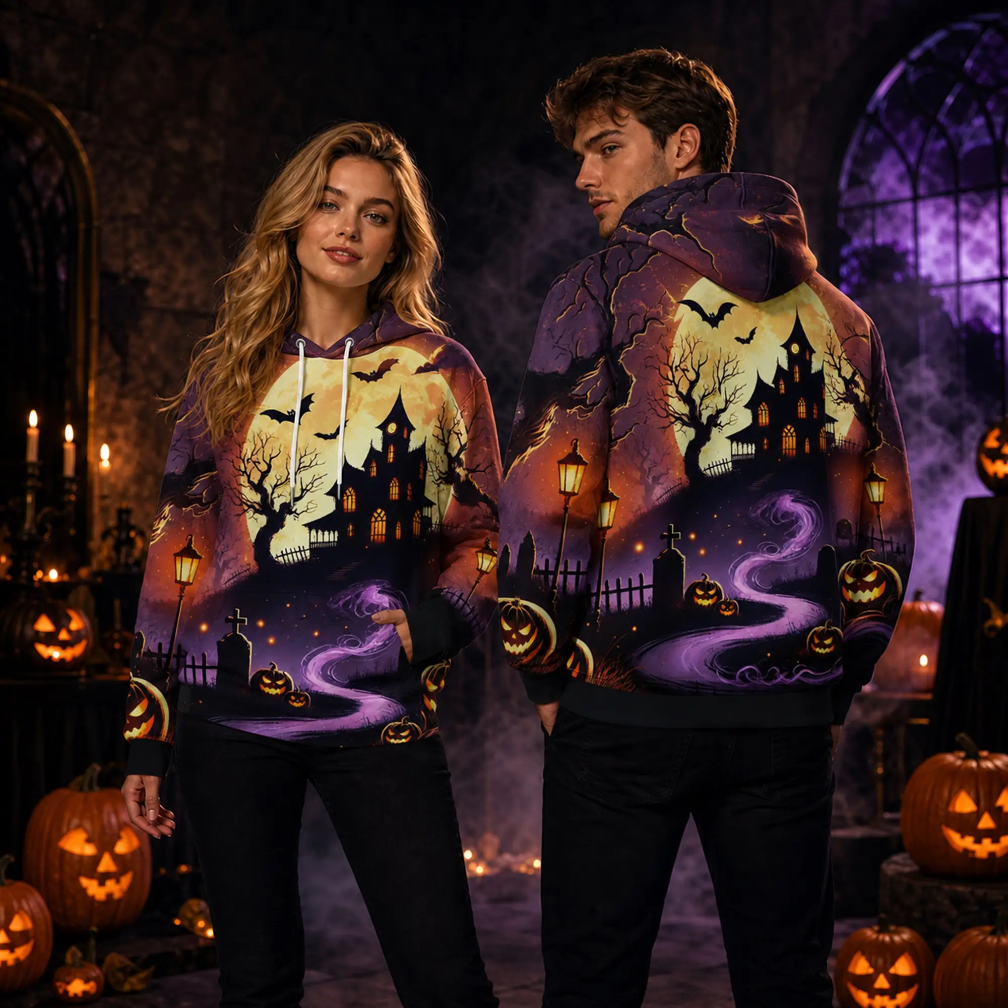 Halloween Haunted House Hoodie for Women Men, Spooky Season Pumpkin Ghost Pullover Sweatshirt, Dark Gothic Halloween Hoodie, Cute Scary Bat Castle Print Long Sleeve Hooded Top, Fall Autumn Party Outfit, Cozy Casual Streetwear, Halloween Gift Idea