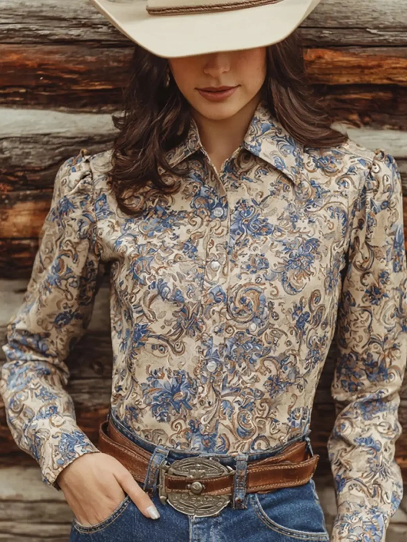 American Vintage Paisley Floral Collar Long Sleeve Button Shirt for Women, Western Cowboy Style Casual Waistcoat Printed Blouse, Fashionable Ladies' Top