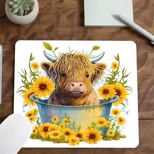 Cute Healing Sunflower Highland Cow Style Square Mouse Pad, Cute Healing Desktop Decoration Protection Pad, Rubber Non-Slip Lock Edge Small Size Pad, Suitable For Laptop Desktop Games Work, Ideal Cute Healing Gift For Family And Friends