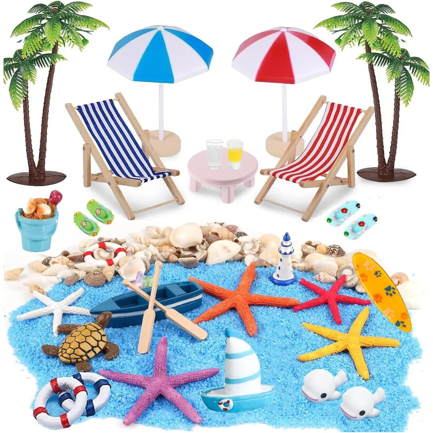 31-Pcs Bright Beach Miniature Dollhouse Decorations - Stress Relief Toys, Umbrella, Palm Chair, DIY Projects Accessory for Office Desktop, Garden Plant Pool
