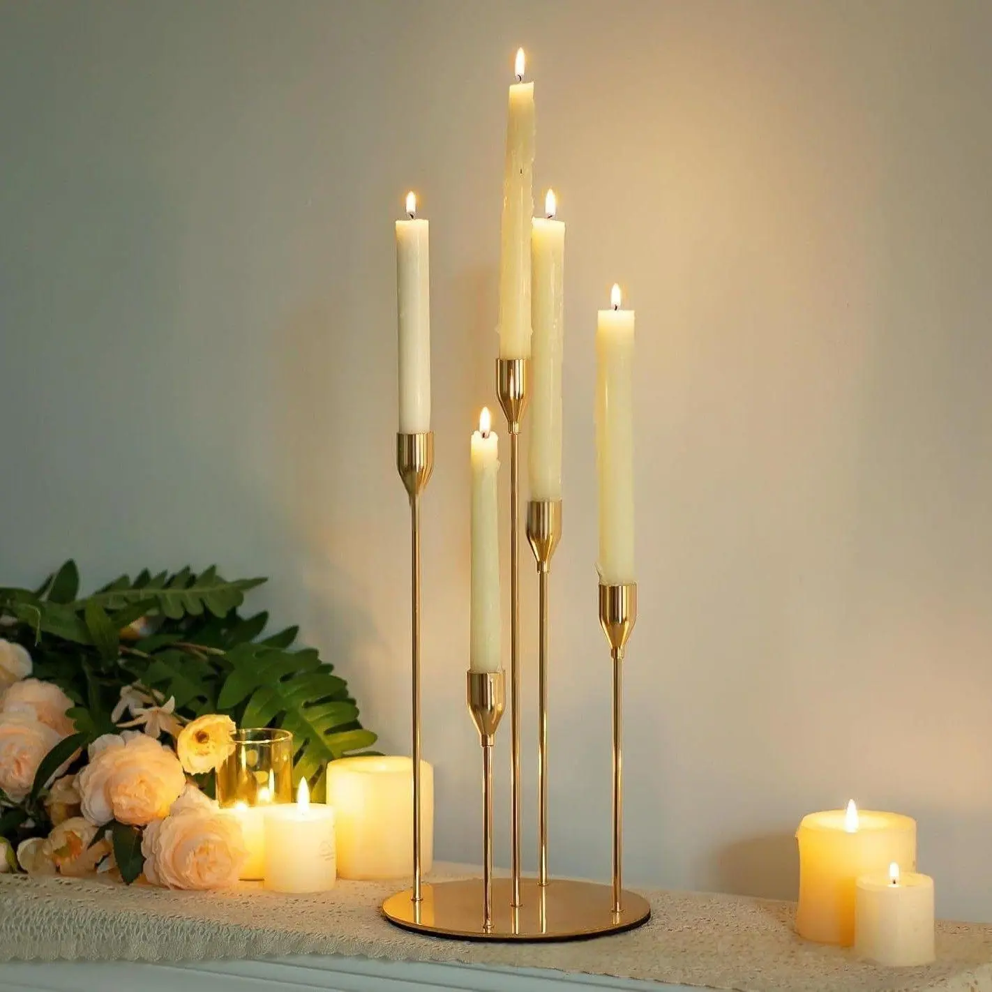 European 5-Head Candelabra, Metal Iron Electroplated Polish Candelabra, Elegant Nordic Style Wedding Party Decor, Fine Dining Table Centerpiece, Candle Holders For Table Centerpiece