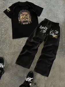 American Street Cartoon Money Eye Print Set, Gold Trendy High Street Two-Piece Set Outfit, Fashion Fitted All-Over Print Top Clothing for All Seasons