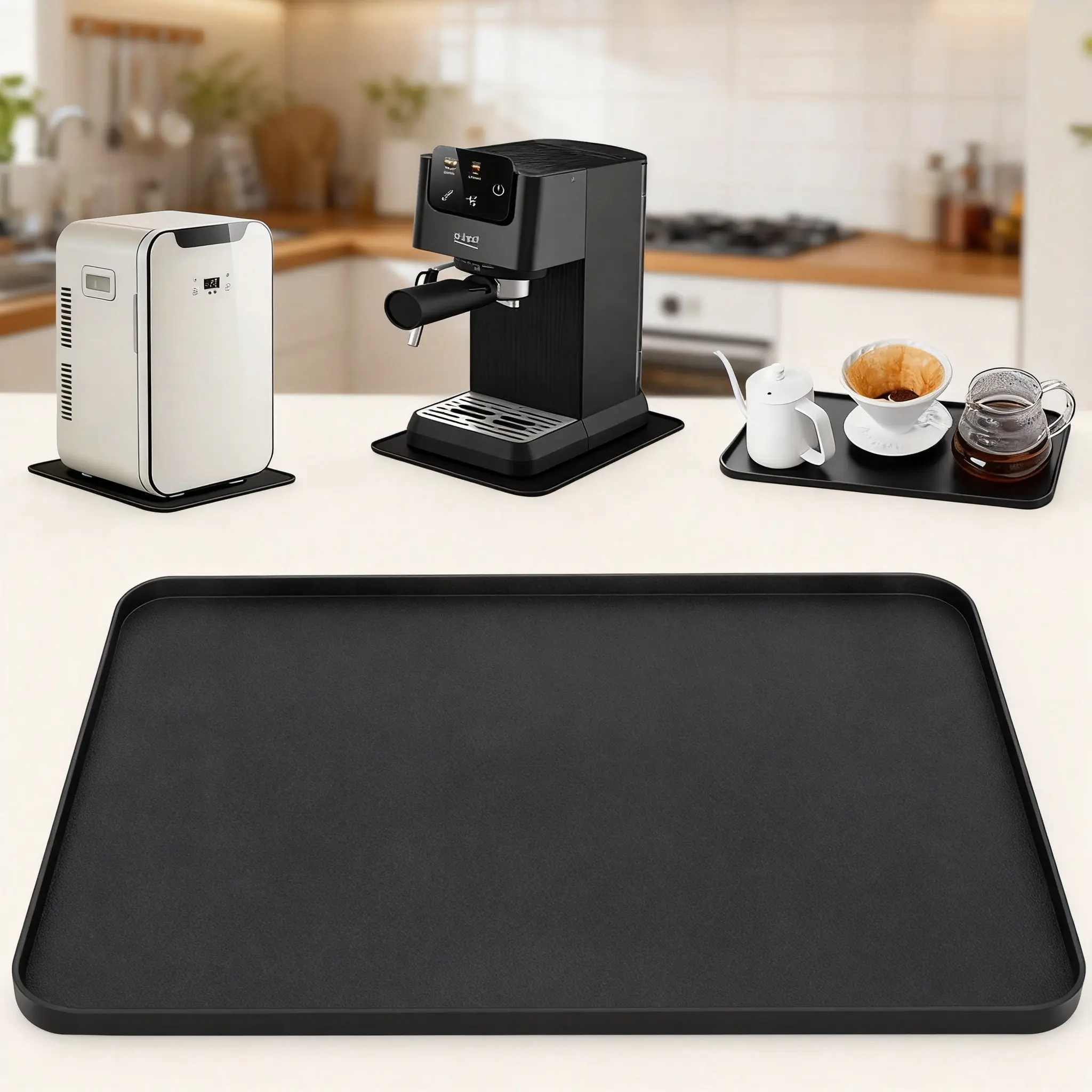 Mini Fridge Silicone Drip Mat 13x9 Leak Proof Fridge Tray Mat Convex Edge Water Catcher Floor Protector for Refrigerator Washing Machine Portable AC Anti Slip Black Mat