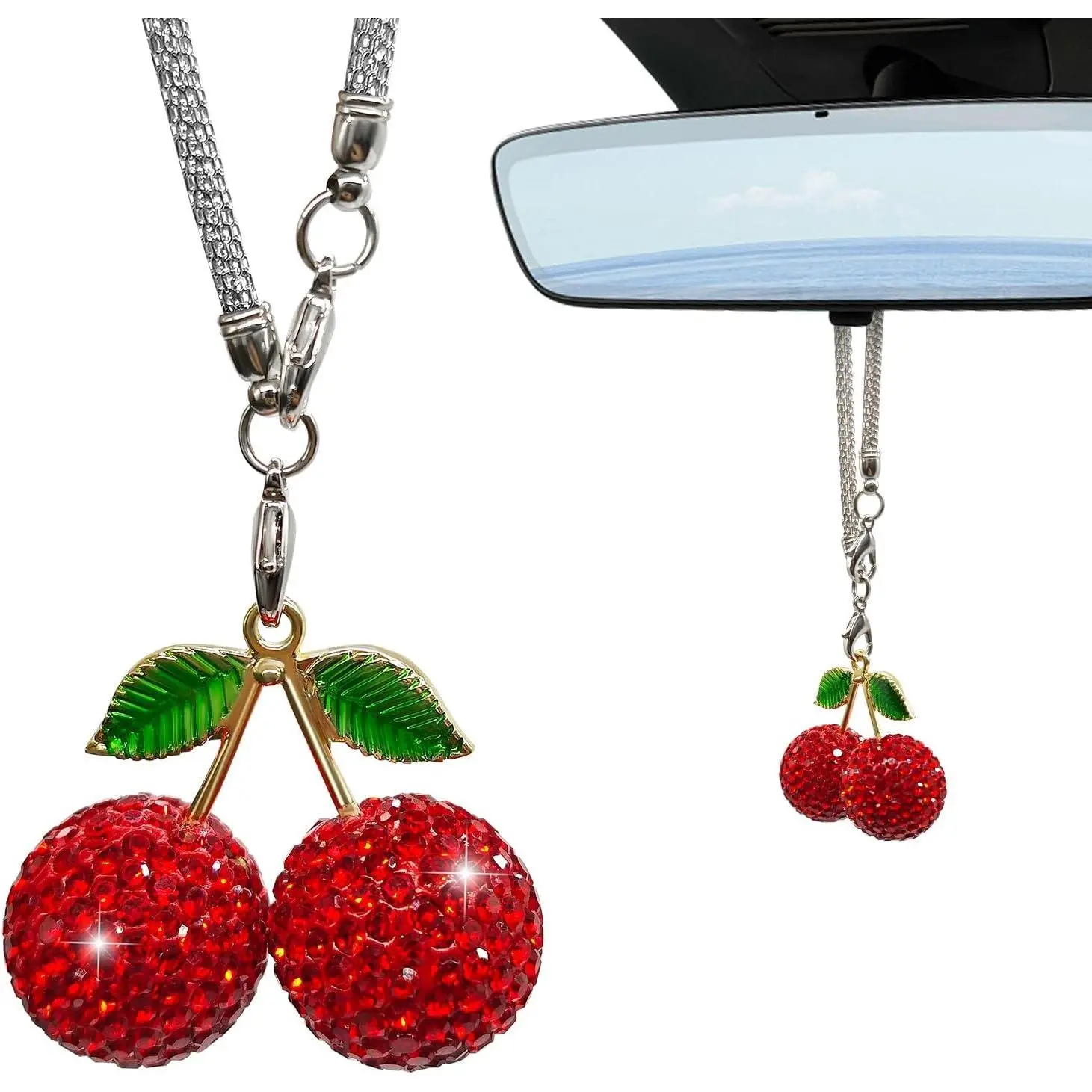 Cute Aesthetic Small PVC Crystal Cherry Rear View Mirror Charm - All Seasons Hanging Car Interior Decor, Red Automotive Car Charm Ornament for Women, Hanging Decor