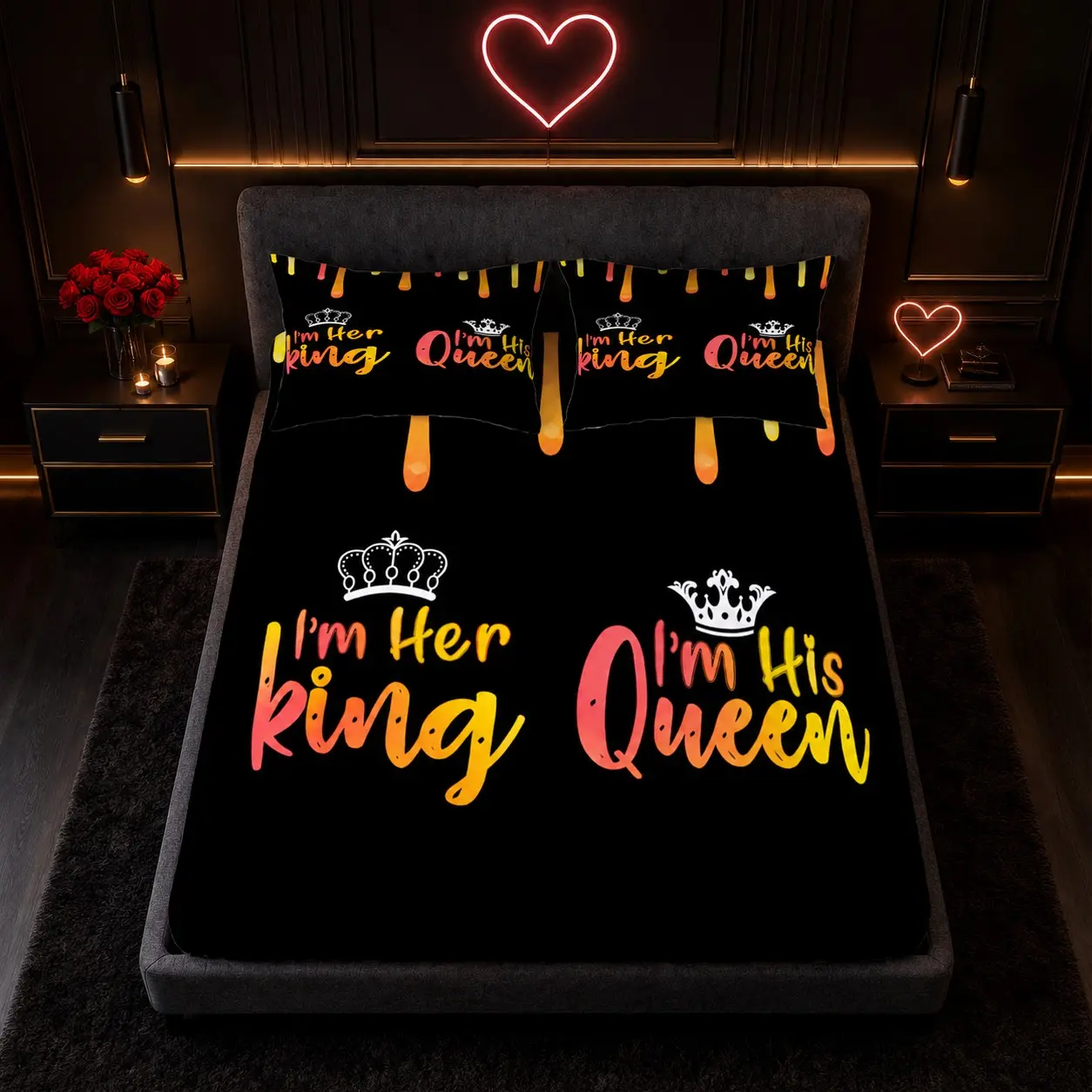 Gradient King Queen Couple Crown Fitted Sheet 3 Piece Set (1 Fitted Sheet + 2 Pillowcases, No Pillow Inserts), Deep Pocket Skin-Friendly All-Season Bedding Theme Bedding Set, for Couple Bedrooms, Ideal Holiday & Birthday Gift for Lovers