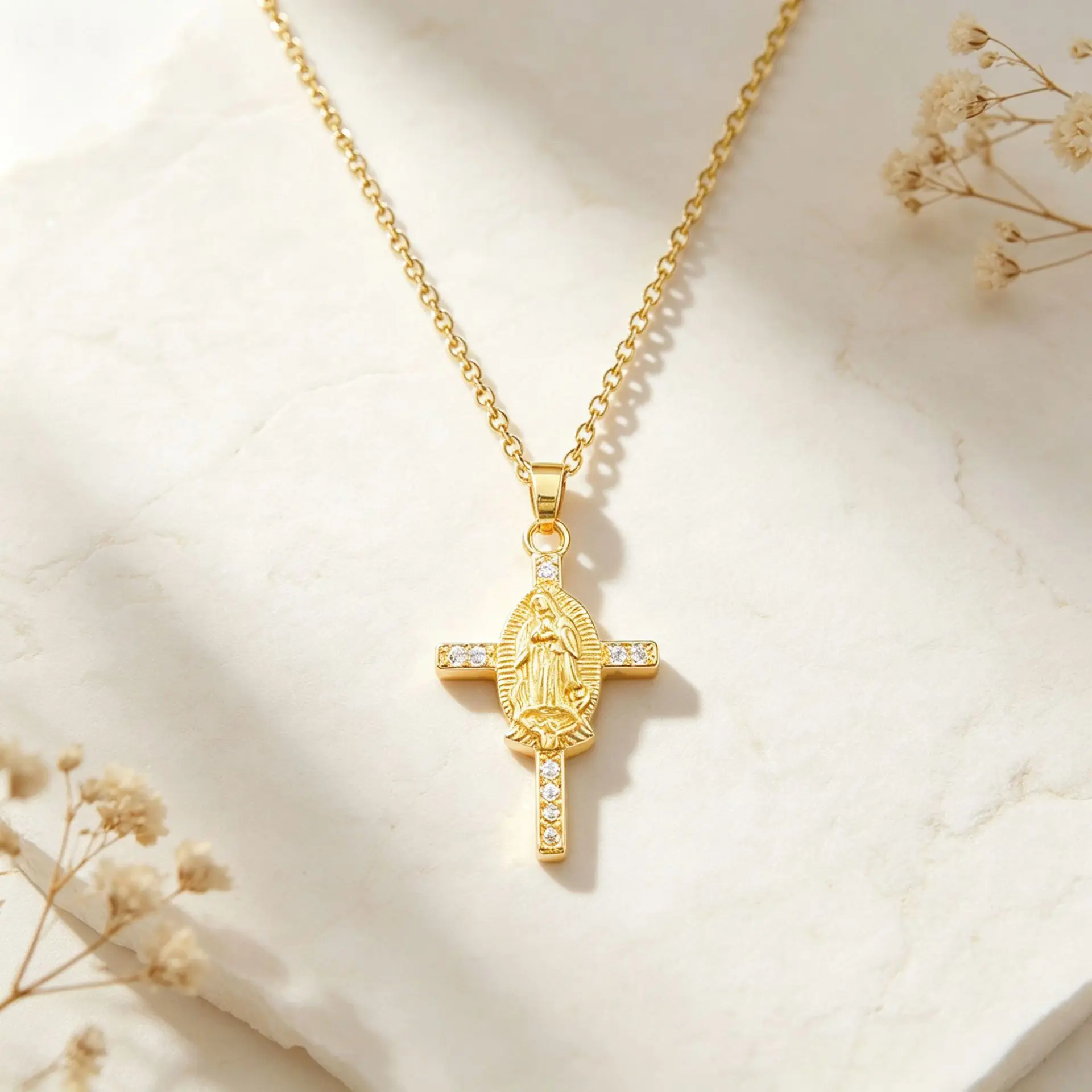 1Pc Gold Tone CZ Virgin Mary Cross Pendant Necklace - Catholic Medal Religious Faith Protection Jewelry Gift Suitable For Women Girls Baptism First Communion