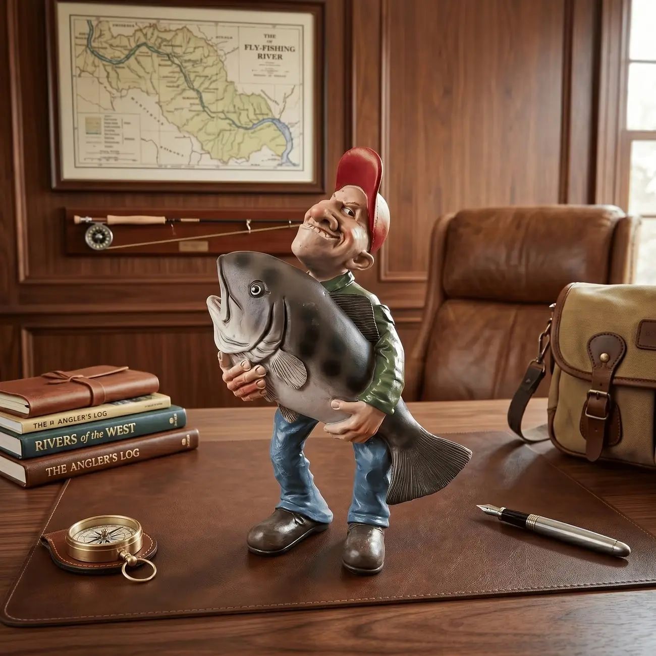 Funny Fisherman Holding Fish Statue, Resin Cartoon Fishing Sculpture, Home Bar Decor, Creative Gift for Dad, Husband, Father's Day Present