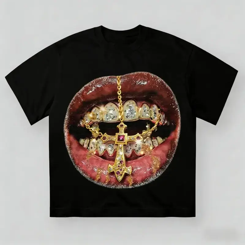 Women's 100% Cotton Short Sleeve Crew Neck T-Shirt - Diamond Grillz Lips, Gold Cross Graphic, Vintage Y2K, Hip Hop Streetwear, Oversized Unisex Casual Harajuku Soft Top Gift