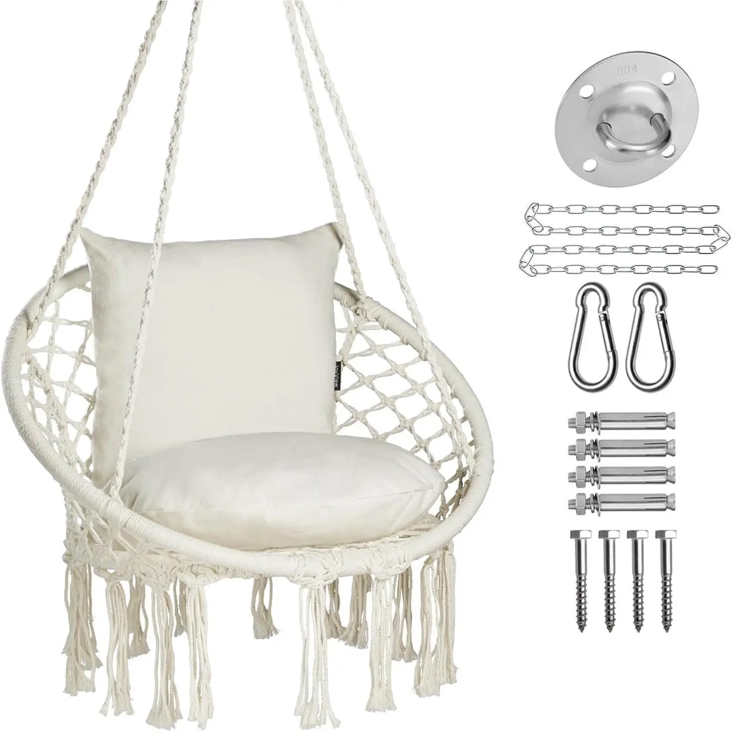 Macrame Hammock Chair Hanging Swing Chair Max 330 Lbs with 2 Cushions and Hardware Kits for Indoor Outdoor Bedroom Patio Garden - Beige