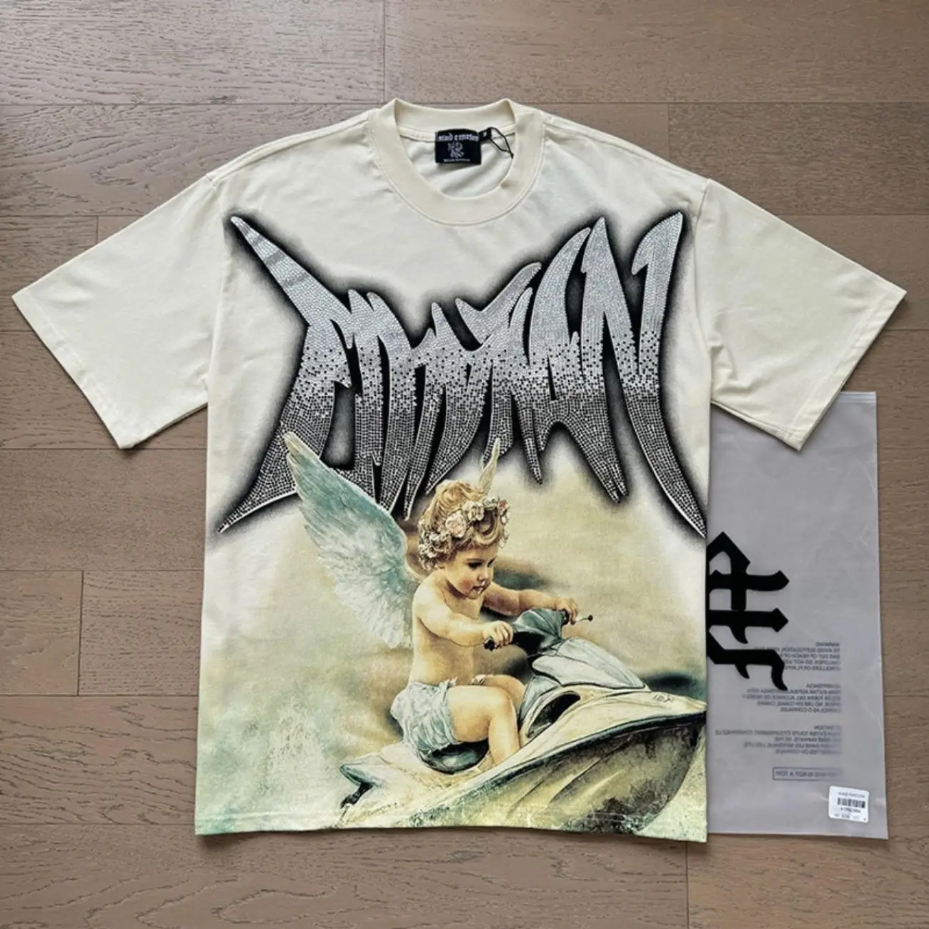 MIXED EMOTION Diamond Angel Graphic Tee, Vintage Washed Cotton T-Shirt for Streetwear, Oversized T-Shirts Tee 2026 Summer Y2K Hip Hop Short Sleeve Top