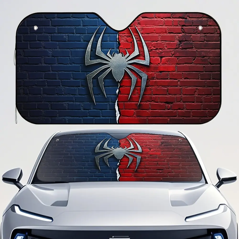 1pc Red and Blue Spider Logo Car Sunshade - Rollup Design, Comes with 4 Suction Cups, Suitable for Summer, Reduces Windshield Glare, Windshield Shade Cover, Suitable for SUVs and Other Models, Car Sunshades For Windshield