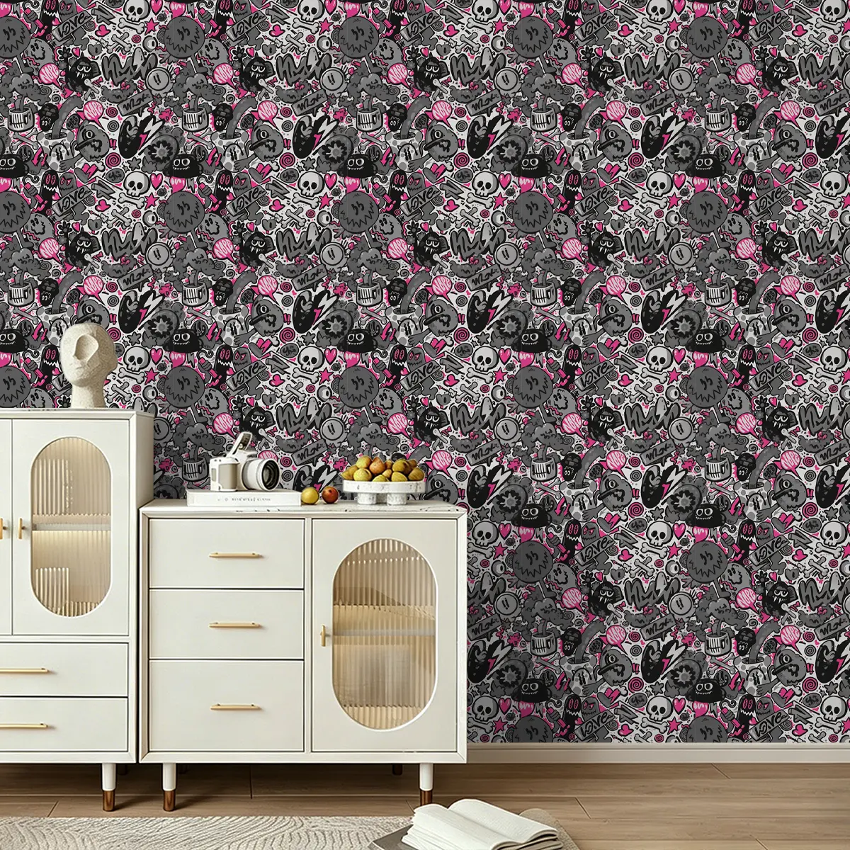 1 Roll Peel & Stick PVC Wall sticker,Abstract street graffiti pattern, Spliceable seamless wall decal, residue-free removal, HD waterproof print hides wall & tile flaws for home and retail shop decoration
