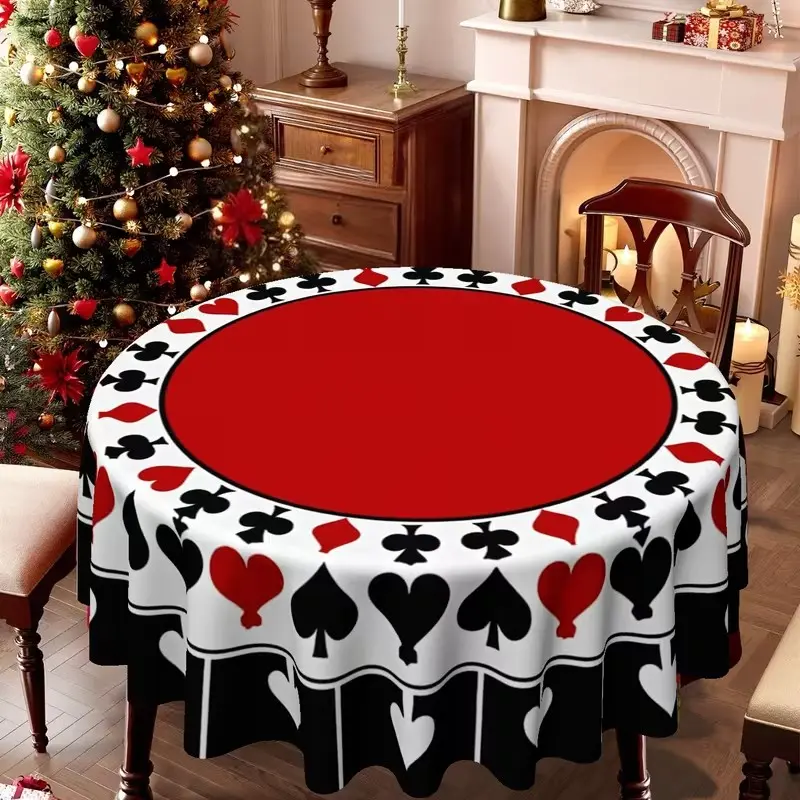 2D Flat Party Tablecloth 1pc, Christmas Easter Poker Theme Round Tablecloth, Heart Spade Club Diamond Patterns, Home Party Decor