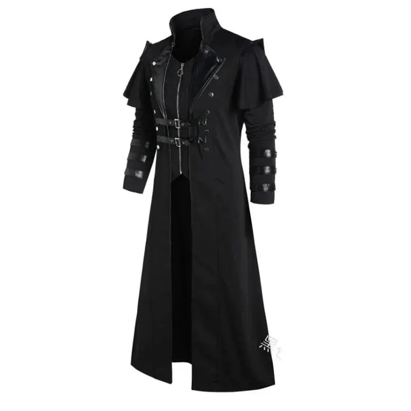Adult Men's Black Long-Sleeve Gothic Armor Leather Jacket - CyVintage Halloween Medieval Steampunk Assassin Costume, 3XL/4XL/5XL Full-Length Menswear Knit Set for Festive & Party Supplies