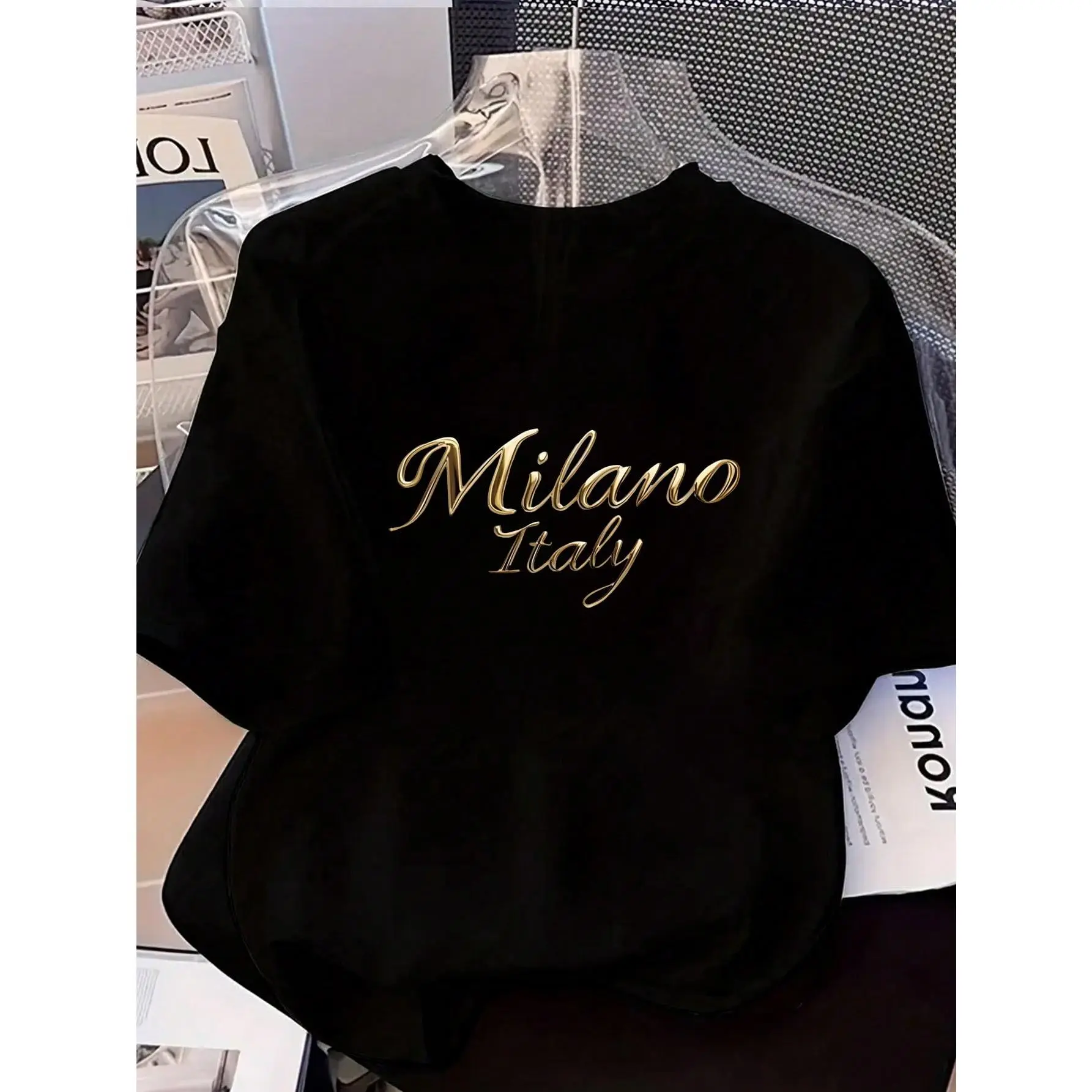 Women's Soft Versatile T-Shirt With Elegant "MILANO ITALY" Letter Print - Comfortable Round Neck Short Sleeve Casual Top, Suitable For All Seasons, Versatile T-Shirt | Handwritten Style Top | Minimalist Design Black Summer