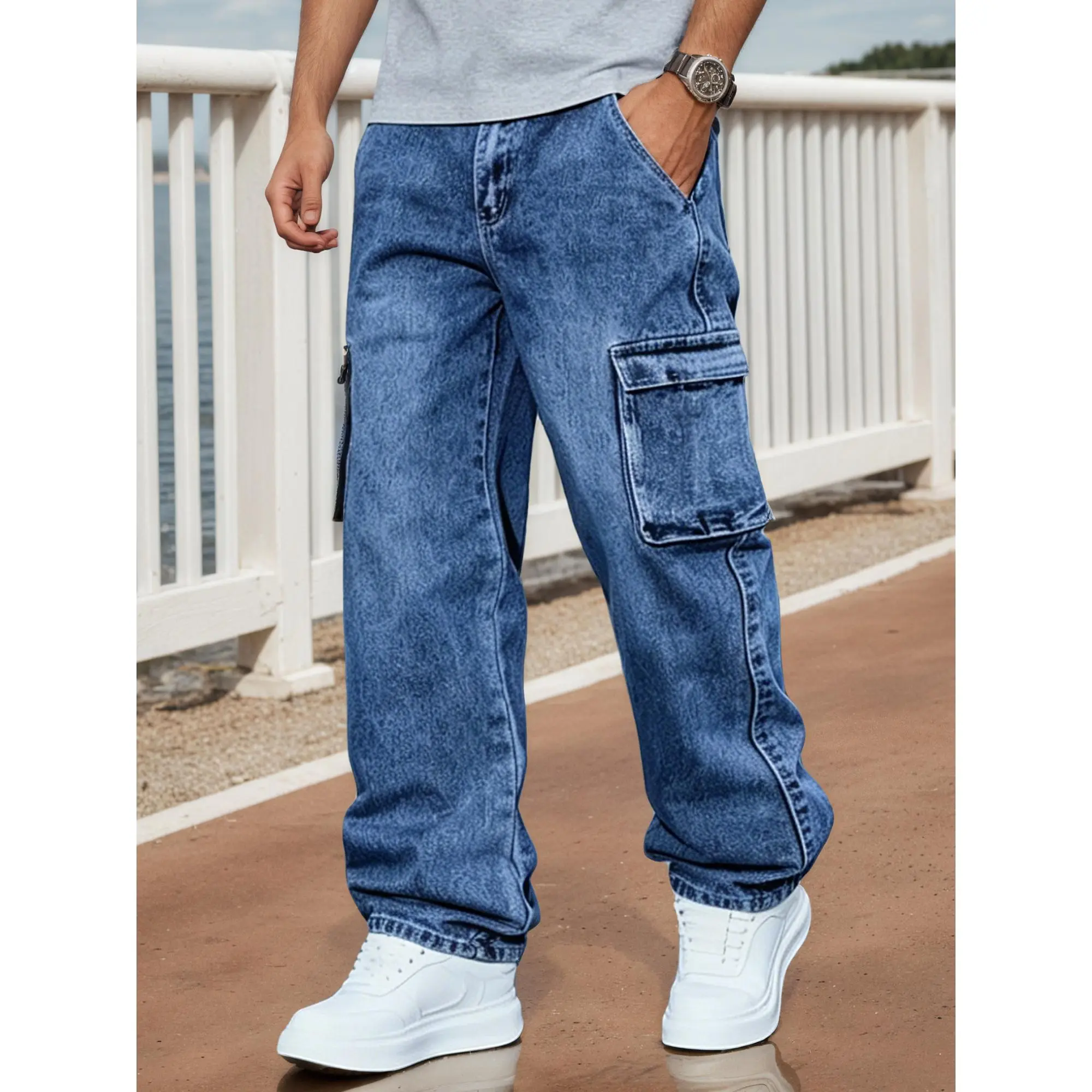 Men's Cargo Wide-Leg Jeans, Vintage Washed Blue Multi-Pocket Loose Straight Pants, Trendy Versatile Streetwear Long Trousers, High Street Vintage Cargo Denim Jeans, New Loose Casual Multi-Pocket Straight-Leg Pants, Suitable for All Seasons Menswear Beige