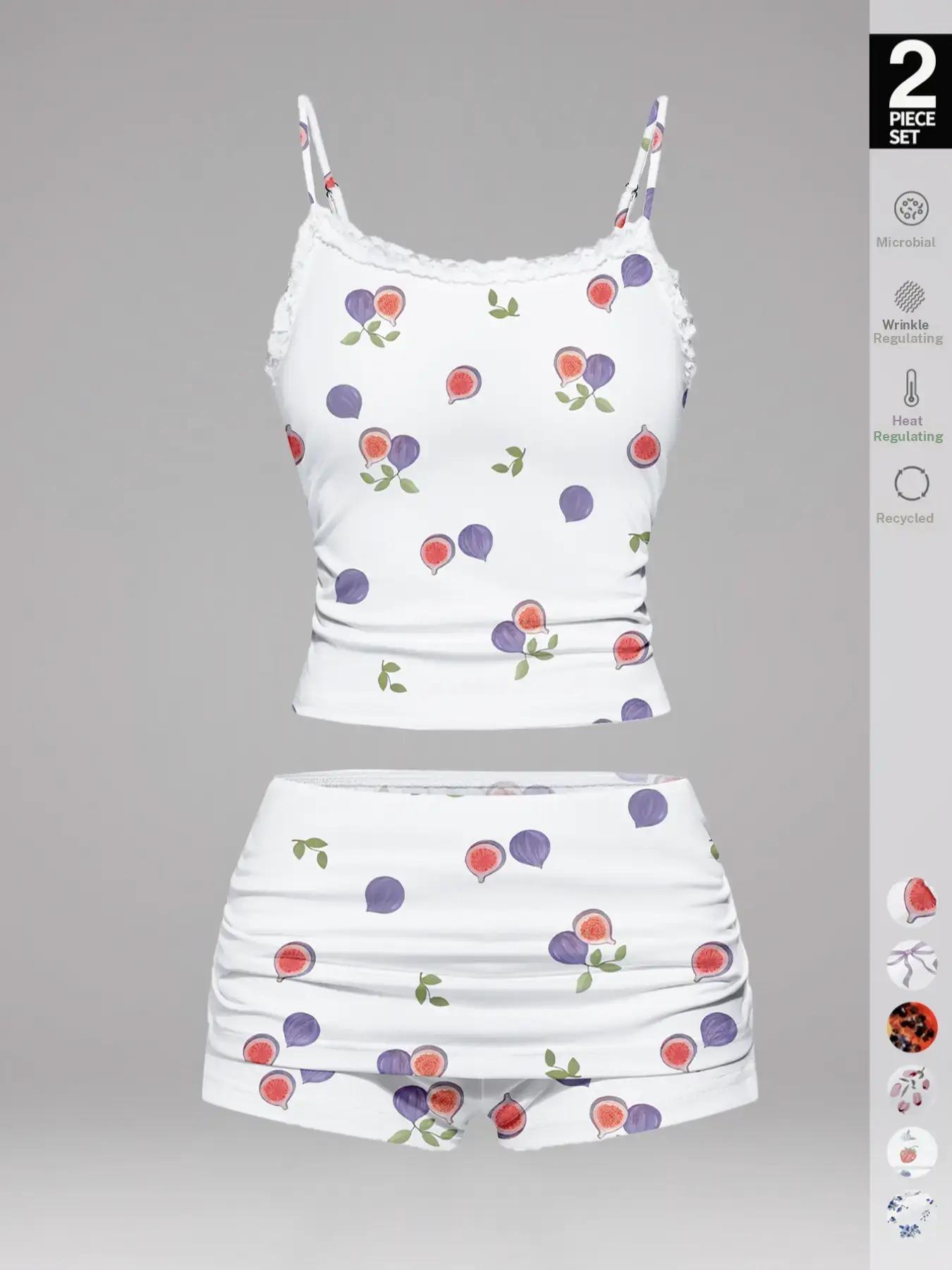 Women's Cherry Print Floral Cami Top & Shorts Pyjama, Casual Comfy Ruffle Trim Camisole & Shorts Pj Set, Ladies Sleepwear for Summer, Pajamas, Womenswear, Loungewear